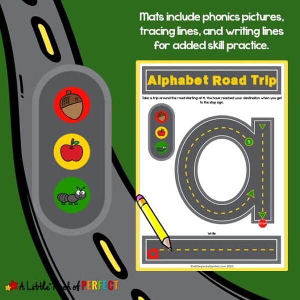 Alphabet Road Letter Mats: As students race around each track, they will practice letter identification and letter formation. Each track has green dots to guide children where to start, arrows to point them in the right direction, and stop signs to help them know when they have reached the end. (#preschool, #kindergarten #alphabet #homeschool #kidsactivity)