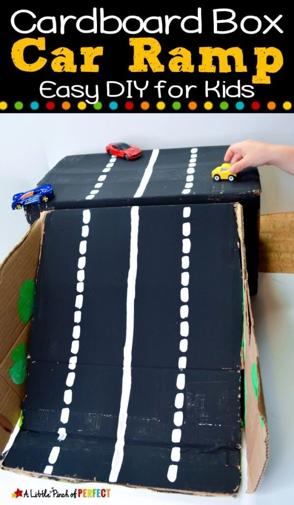 How to Make a Cardboard Box Car Ramp: It’s an easy recycled DIY project for kids to play with (#kidsactivity #toycars #cardboardbox)