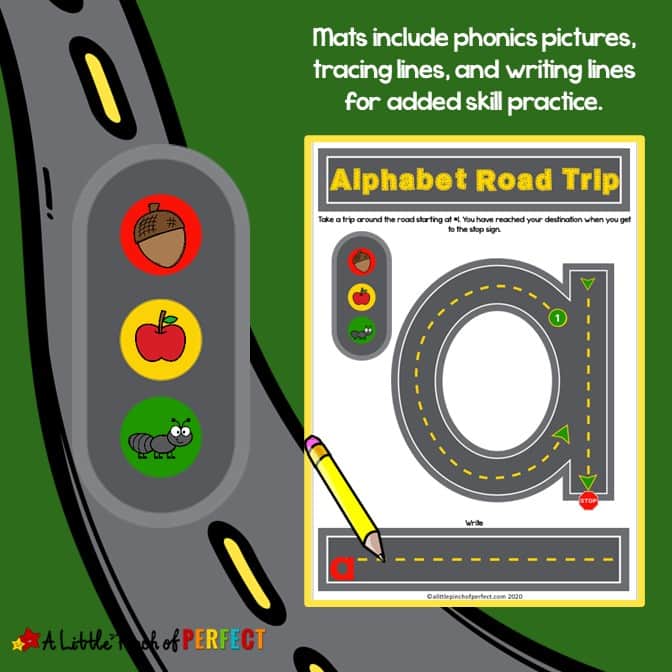 This amazing set of alphabet roads mats provides a fun way for children to learn write letters. They include a practice page, tracing lines, guiding arrows and stop signs, and phonics pictures for bonus learning. (#preschool, #kindergarten, #alphabet, #kidsactivities #homeschool #languagearts)
