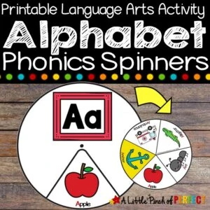 Alphabet Phonics Spinners: If you are at home or school this set of Alphabet Phonics Spinners makes learning letter sounds fun and engaging. (#Phonics #kidsactivity #homeschool #preschool #kindergarten #alphabet)