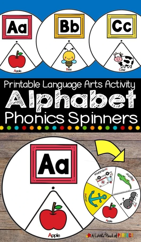 Alphabet Phonics Spinners: If you are at home or school this set of Alphabet Phonics Spinners makes learning letter sounds fun and engaging. (#Phonics #kidsactivity #homeschool #preschool #kindergarten #alphabet)