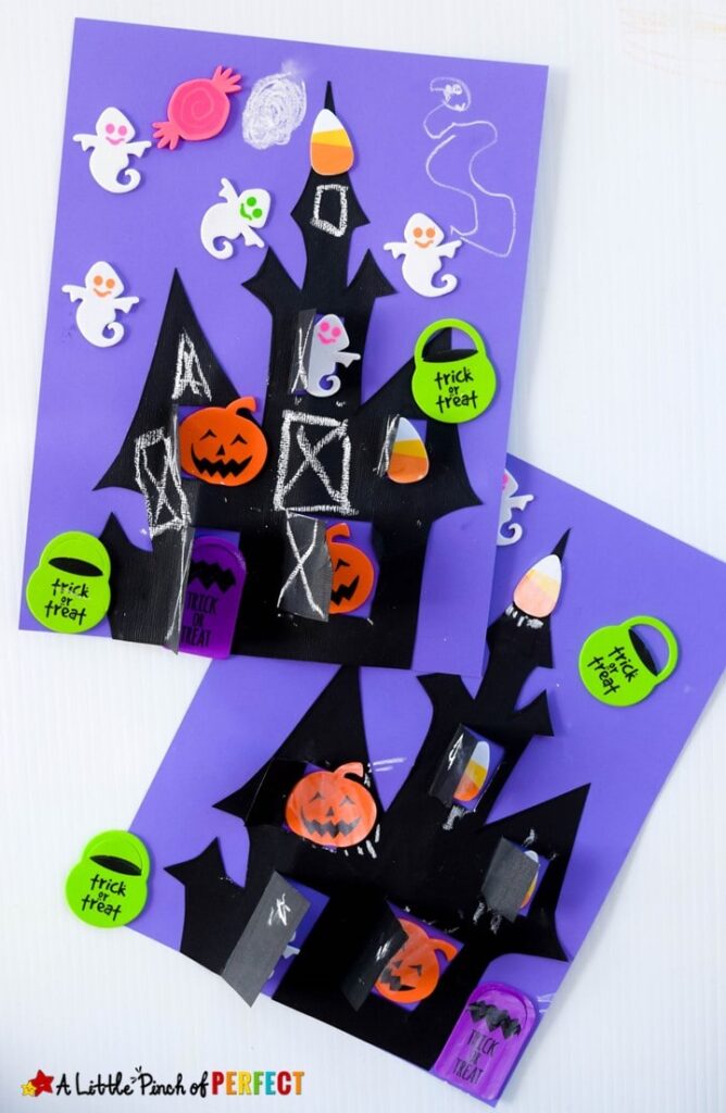 Make a spooky Haunted House craft with windows and doors that open and shut for Halloween friends to peek out of with our free craft template for kids. #craft #kidscraft #halloween #halloweencraft #crafttemplate