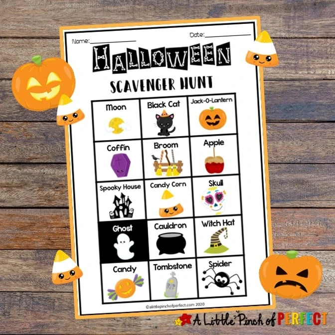 Send the kids on a scavenger hunt this Halloween to find everything from candy, pumpkins, and more with this free printable activity. #halloween #kidsactivity #scavengerhunt