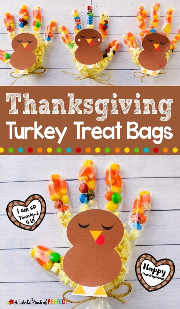 Thanksgiving Turkey Treat Bags for Kids and Free Template: Kids will love making or receiving a cute Thanksgiving Turkey treat bag full of goodies they will gobble up. They can be made by kids using gloves during craft time or given out as a Thanksgiving party bag. (#Thanksgiving #kidsactivity #giftbag #craft)