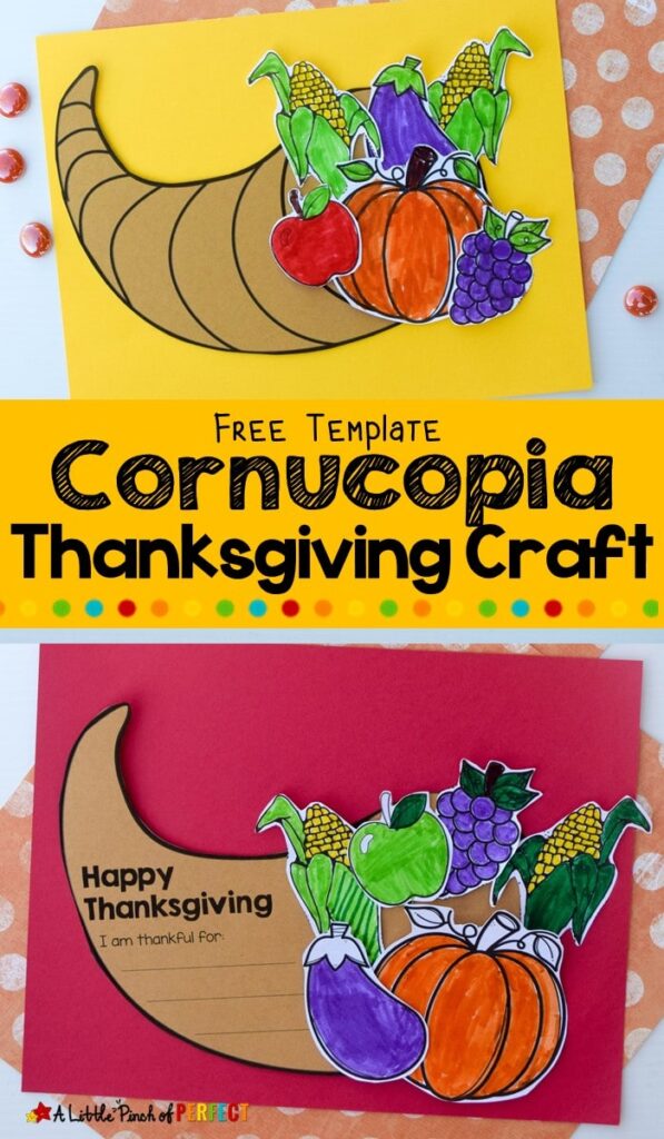 Kids can decorate their own cornucopia this Thanksgiving with our free craft template that comes in a craft style, writing activity, or coloring page version. #thanksgiving #kidscraft #kidsactivity #craft