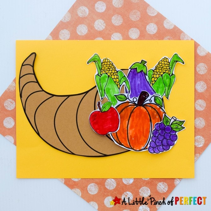 Kids can decorate their own cornucopia this Thanksgiving with our free craft template that comes in a craft style, writing activity, or coloring page version. #thanksgiving #kidscraft #kidsactivity #craft