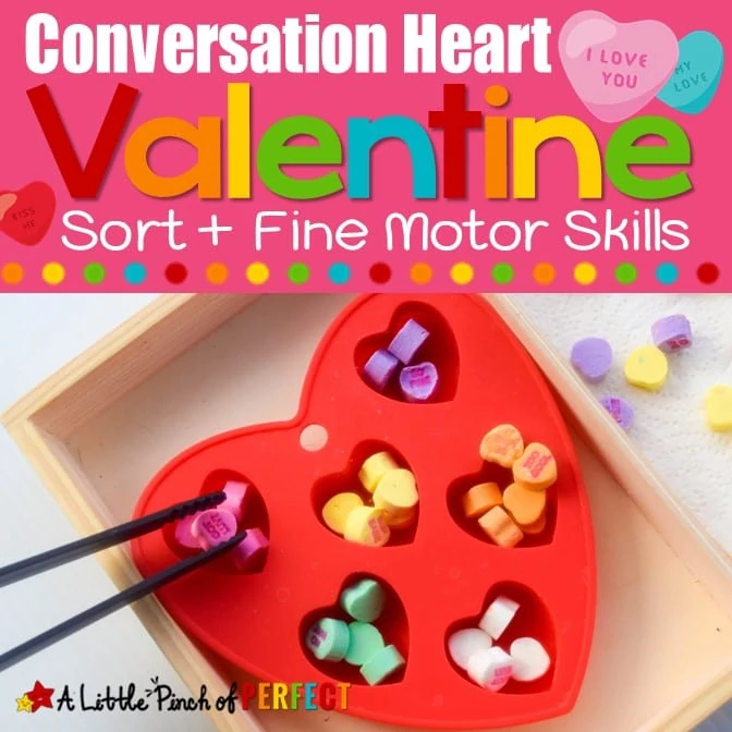 Valentine's Conversation Heart Sorting: Fine Motor Skills and Colors: Adapt this simple and fun activity for children so they can learn colors, counting, one-to-one correspondence and fine motor skills. #valentinesday #preschool #kindergarten #homeschool