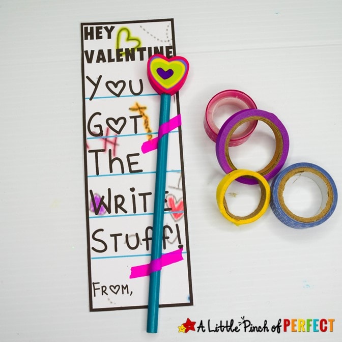 “You Got the Write Stuff” Valentine's Pencil Card Free Printable: Kids can tell their Valentine they, "Got the Write Stuff," and attach a pencil or pen to match the funny pun. It’s the Perfect non-candy gift for school classroom gifts, church, or other card exchanges. (#Valentinesday #Valentinesdaycard)