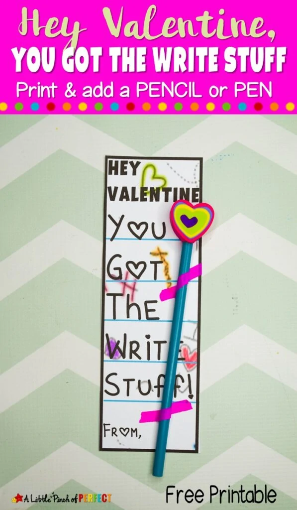 “You Got the Write Stuff” Valentine's Pencil Card Free Printable: Kids can tell their Valentine they, "Got the Write Stuff," and attach a pencil or pen to match the funny pun. It’s the Perfect non-candy gift for school classroom gifts, church, or other card exchanges. (#Valentinesday #Valentinesdaycard)