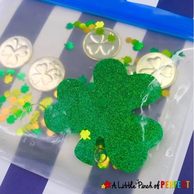 Make an irresistibly fun St. Patrick's Day sensory bag for kids to play with with following our easy directions. #preschool, #Sensoryplay #stpatricksday #kidsactivity