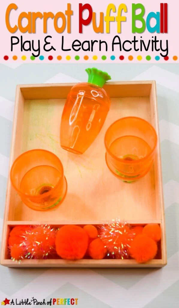 Kids will have so much fun with plastic carrots and puff balls! This engaging activity can be adapted for young children of all ages including ideas for your baby, toddler, and preschooler. #easter #kidsactivity #finemotor