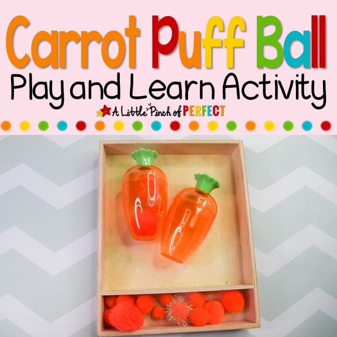Kids will have so much fun with plastic carrots and puff balls! This engaging activity can be adapted for young children of all ages including ideas for your baby, toddler, and preschooler. #easter #kidsactivity #finemotor