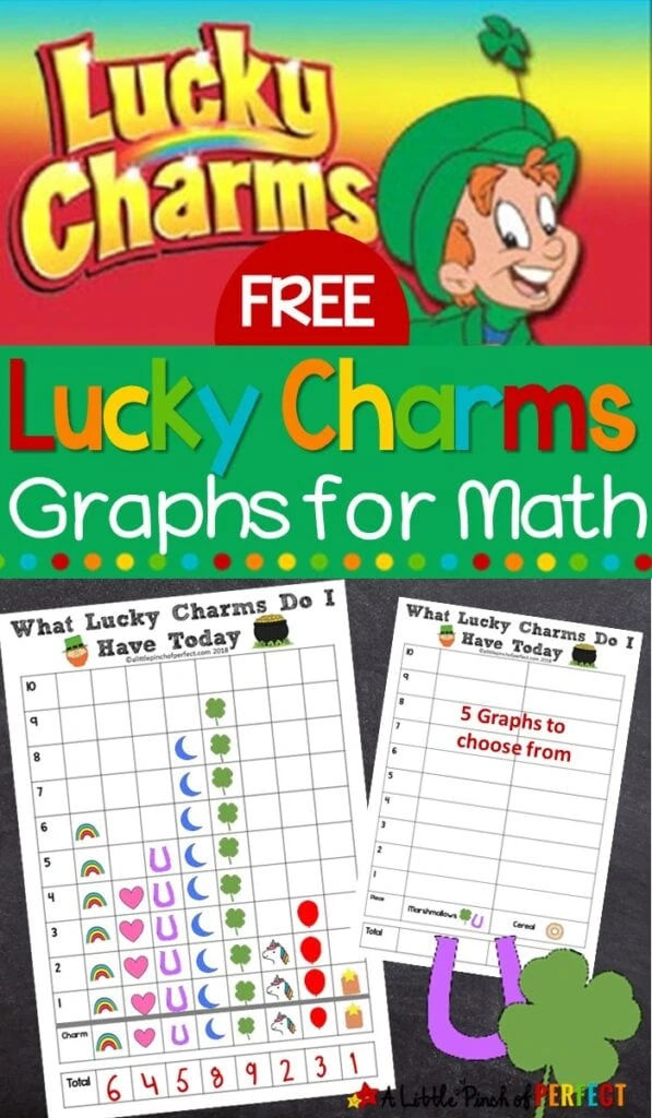 Lucky Charms Graphing Free Printable Math Activity for Kids: Teach children how to graph with Lucky Charm cereal using our ready-to-use printable graphs. 5 to choose from. #Math #stpatricksday #homeschool #kidsactivity