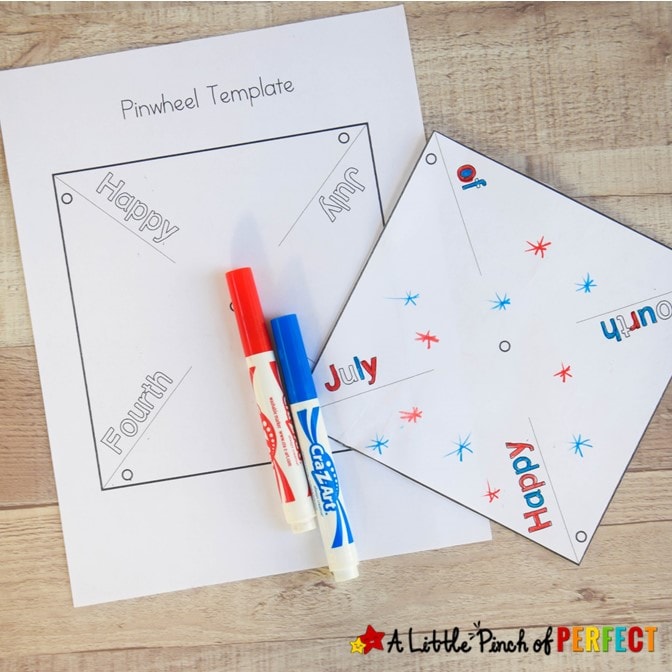 Download and print our free Fourth of July Pinwheel craft for your kids to color, decorate, and put together. The download includes 3 templates including stars, stripes, and the phrase, "Happy Fourth of July."