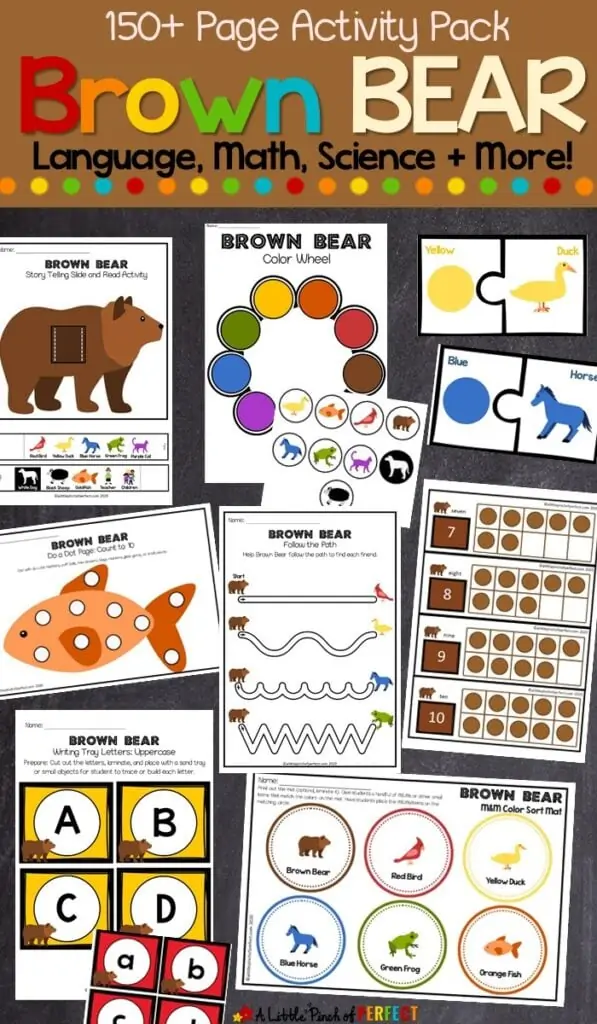 Brown Bear Printable Activity Pack: 150+ pages full of fun and engaging activities for preschool and kindergarten including crafts, language arts, math, colors, and more! #brownbear #ericcarle #preschool #kindergarten #homeschool 