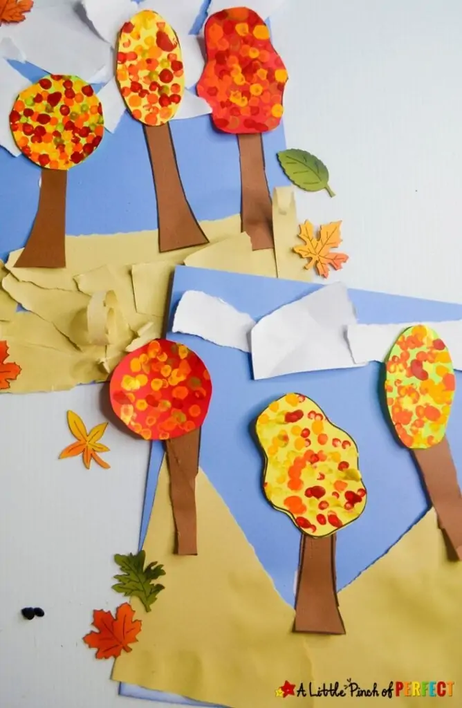 Fall Trees Kids Craft and Free Template: Children can make colorful autumn trees using our free template, printable directions, and video tutorial. #kidscraft #craft #preschool #kindergarten