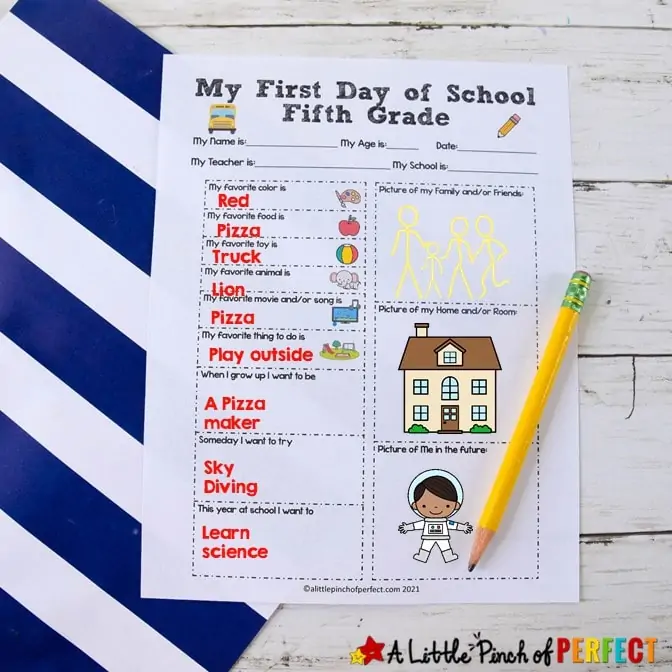 Children will have fun answering questions about themselves with this First Day of School printable Interview questionnaire. It's the perfect way for students to get to know each other for grades preschool to highschool. #backtoschool #firstdayofschool #homeschool 