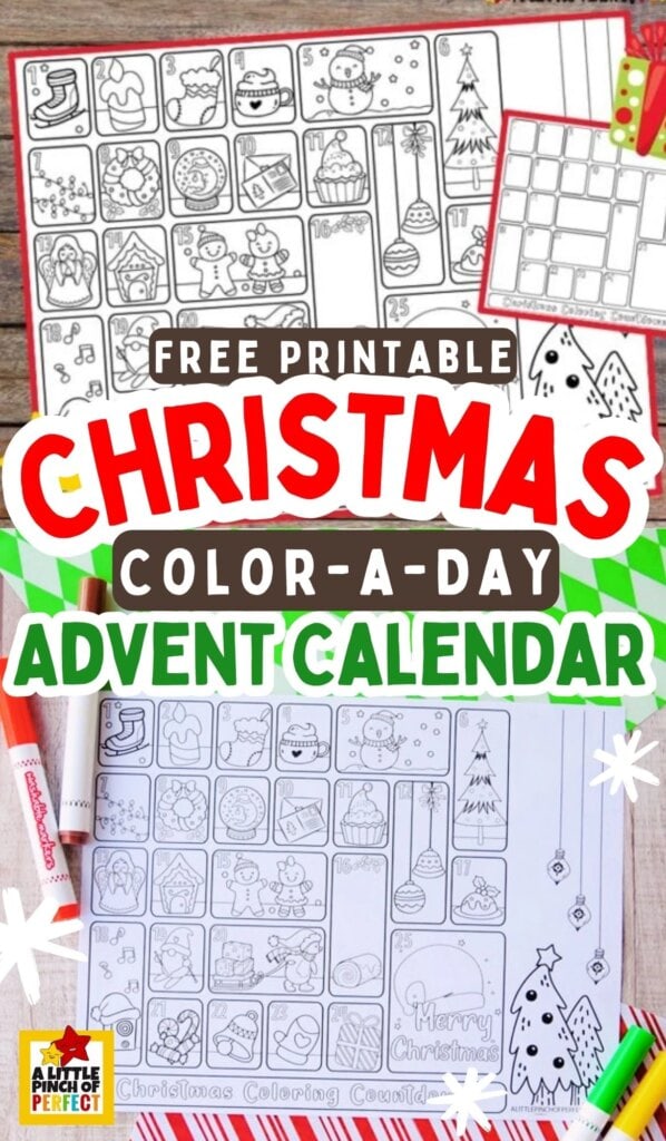 Free Printable Color-a-Day Christmas Advent Calendar: Each day kids color a cute picture as they wait for Christmas