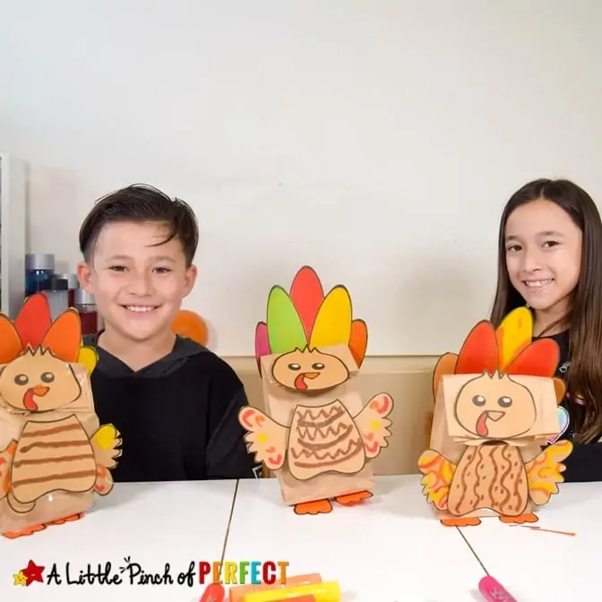Kids making paper bag turkey craft