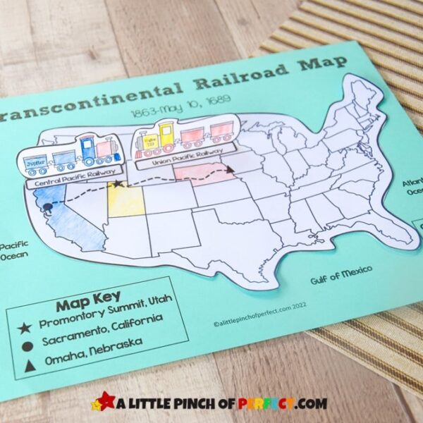 Kids can make a Transcontinental Railroad map craft as they have fun learning history. The map can be printed, colored, and easily assembled. #homeschool #history #craft #kidsactivity