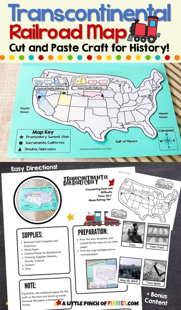Kids can make a Transcontinental Railroad map craft as they have fun learning history. The map can be printed, colored, and easily assembled.