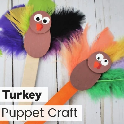 Turkey Puppet Craft and more ideas for kids to make this Thanksgiving.  #thanksgivingcraft #kidscraft #kidsactivity