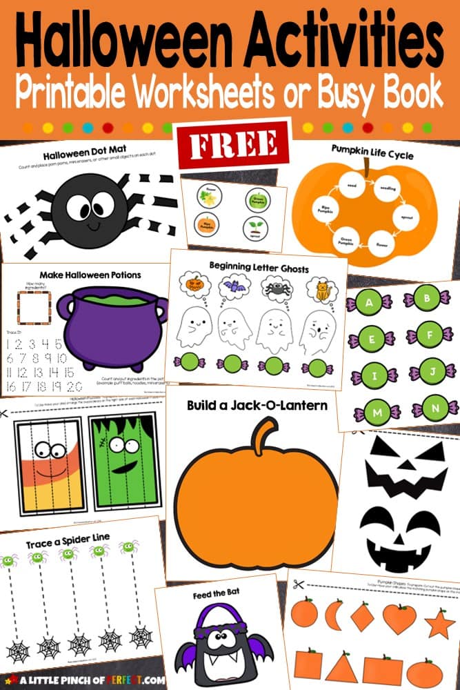 Halloween Printable Activities FREE Busy Book or Worksheets for toddlers, preschoolers and kindergartners.
