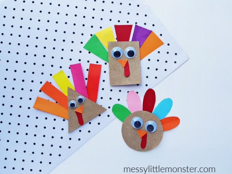 Turkey Shape Craft and more ideas for kids to make this Thanksgiving.  #thanksgivingcraft #kidscraft #kidsactivity