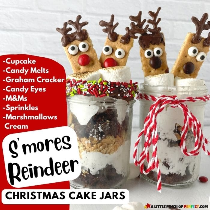 S'mores Reindeer Treat: a CUTE and EASY Christmas Cake Jar recipe to make and eat during the holidays! Cute for parties and easy to serve. #christmas #dessert #cakejar #grahamcracker #m&M 
