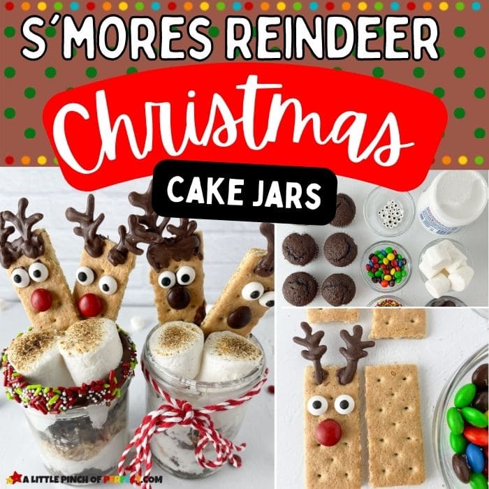 S'mores Reindeer Treat: a CUTE and EASY Christmas Cake Jar recipe to make and eat during the holidays! Cute for parties and easy to serve. #christmas #dessert #cakejar #grahamcracker #m&M