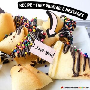 Fortune Cookie Recipe, directions, and Free Printable Messages to add inside your cookie including messages of love, hope, and happiness. #dessert #valentinesday #chinesenewyear #recipe