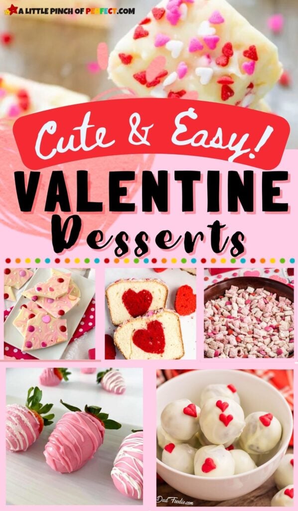 Cute and Easy Valentine Desserts everyone will love including strawberries, heart cookies, rice krispie treats, valentine bark, and more! #valentinesday #desserts #recipes