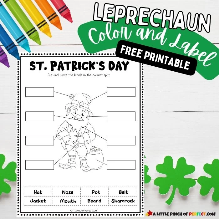Leprechaun Color and Label Worksheet: Free Printable St. Patrick's Day Activity #kidsactivity #preschool #stpatricksday
