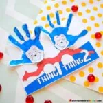 Make a Thing 1 and Thing 2 handprint craft inspired by Dr. Seuss and the Cat in the Hat. Grab the free template and directions to make this EASY and CUTE craft. #kidsactivity #craft #preschool