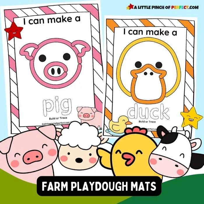Make the playdough table more exciting with Farm Animal Playdough Mats. Kids can create farm animals with the guided pictures and read, trace, or color the words. #kidsactivity #preschool #kindergarten #homeschool #printable