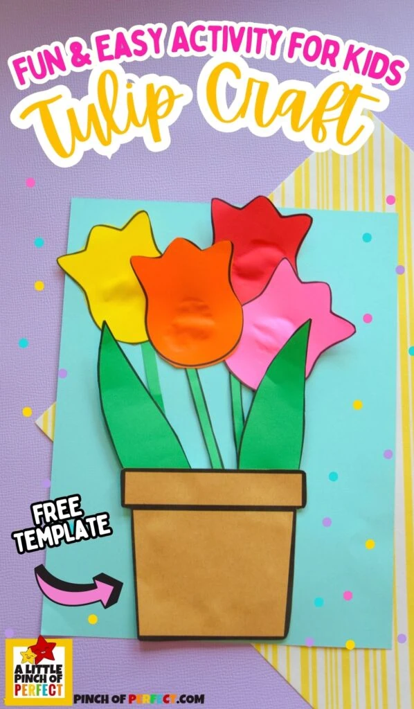 Make a pretty paper flower tulip craft using the free printable template that comes with a flower pot to put the flowers in too! It's a perfect spring craft for kids and adults. #kidsactivity #craft