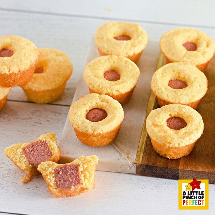 Mini Corn Dog Recipe Bite sized yummy corn dogs without the stick. Ready in 20 minutes! #recipe #lunch #dinner #familyrecipe