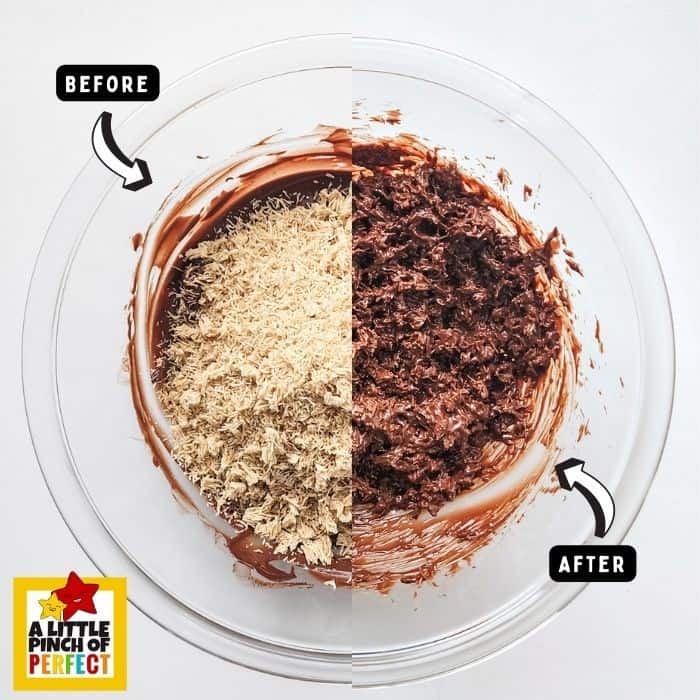 Add cereal to chocolate and peanut butter: Chocolate Easter Egg Nests