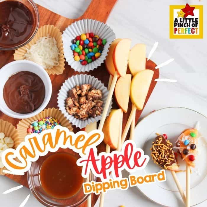 Get dipping with this sweet and savory apple dipping charcuterie board. Follow the easy directions and customize dipping flavors and toppings to make a perfect treat! #Charcuterie #fall #recipes #apple