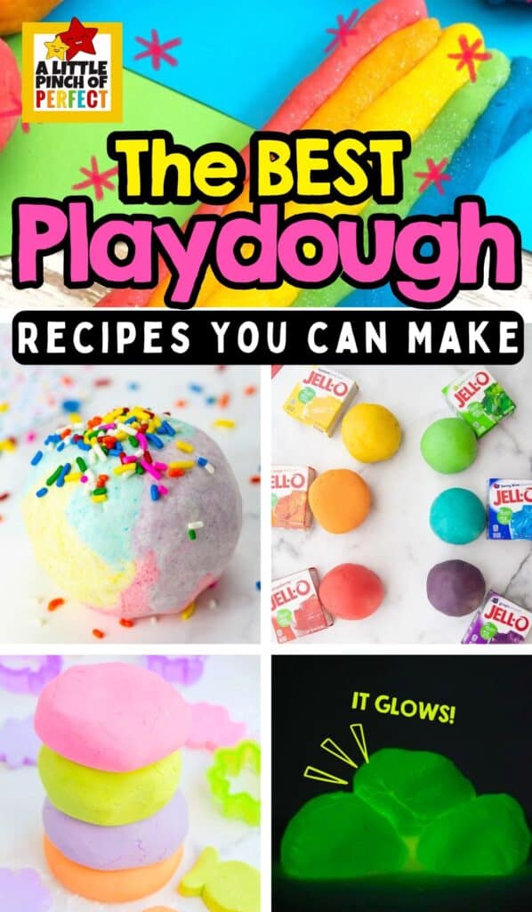 The BEST Playdough Recipes for Sensory Play including edible playdough, peeps playdough, marshmallow playdough, glow in the dark playdough and more! #kidsactivity #playdough #sensoryplay