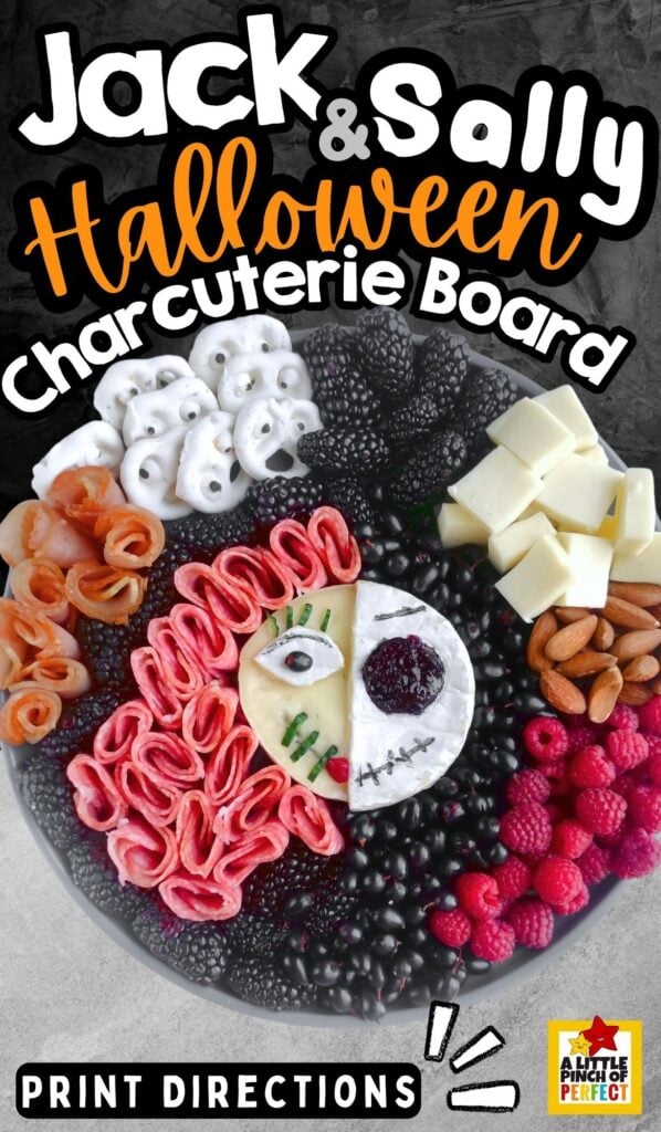 This Jack and Sally Halloween Charcuterie Board is the perfect spooky snacks for your Halloween party or movie night with the family. #halloween #nightmarebeforechristmas