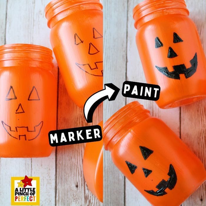 Pumpkin Jar Craft: Kids and adults can turn a mason jar into a pumpkin with a smiling face that can even glow like a jack-o-lantern. #halloween #craft #diy #masonjar