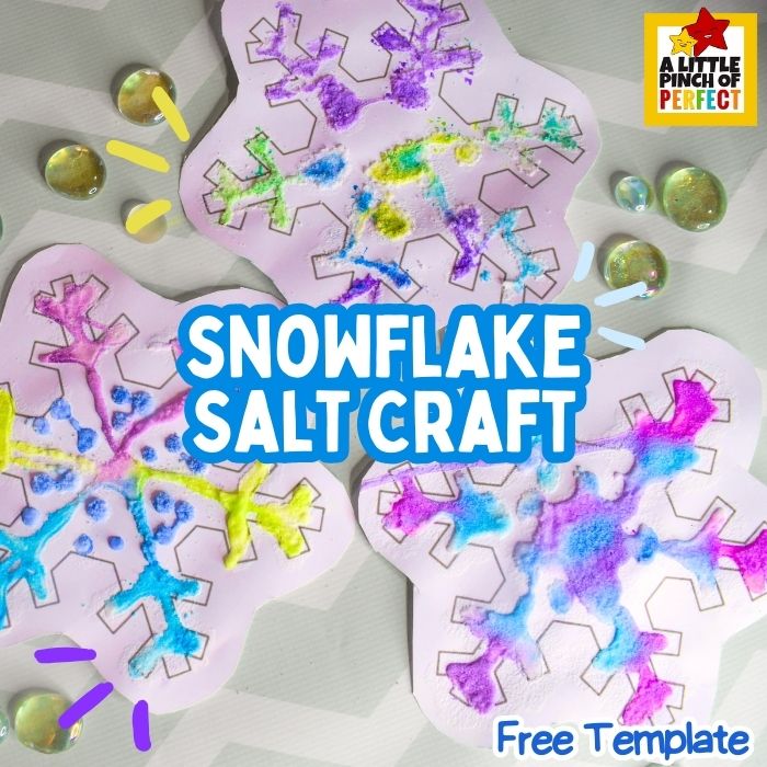 Painted Salt Snowflake Craft: Print the snowflake template, add glue and salt, then paint on colors for a FUN winter arts and craft project PERFECT for kids of all ages!