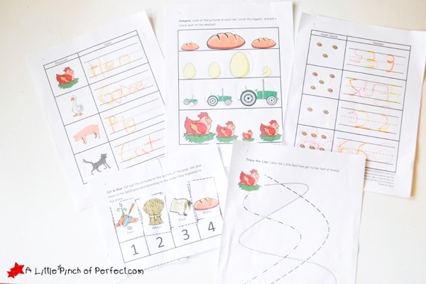Explore fun, educational activities for kids inspired by The Little Red Hen! From planting grain to making bread, these printables teach sequencing, counting, pre-writing, and more.