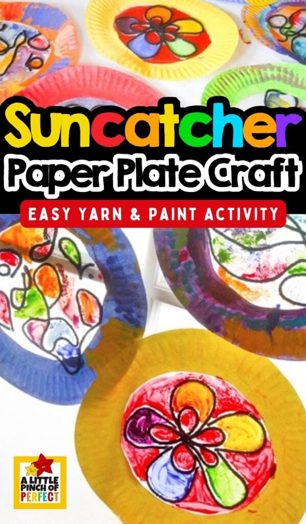 This easy stained glass-inspired suncatcher craft uses yarn, paint, and a paper plate to create a colorful window decoration kids will love.