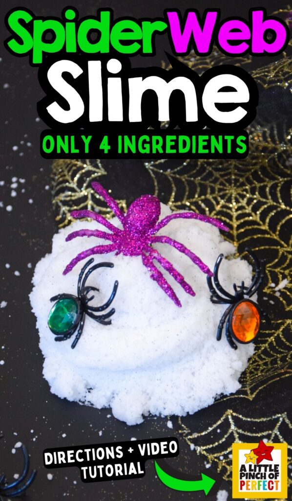 Learn how to make the spookiest spiderweb slime recipe for kids! This easy Halloween slime uses Insta Snow for a stretchy web effect and is extra fun with toy spiders.