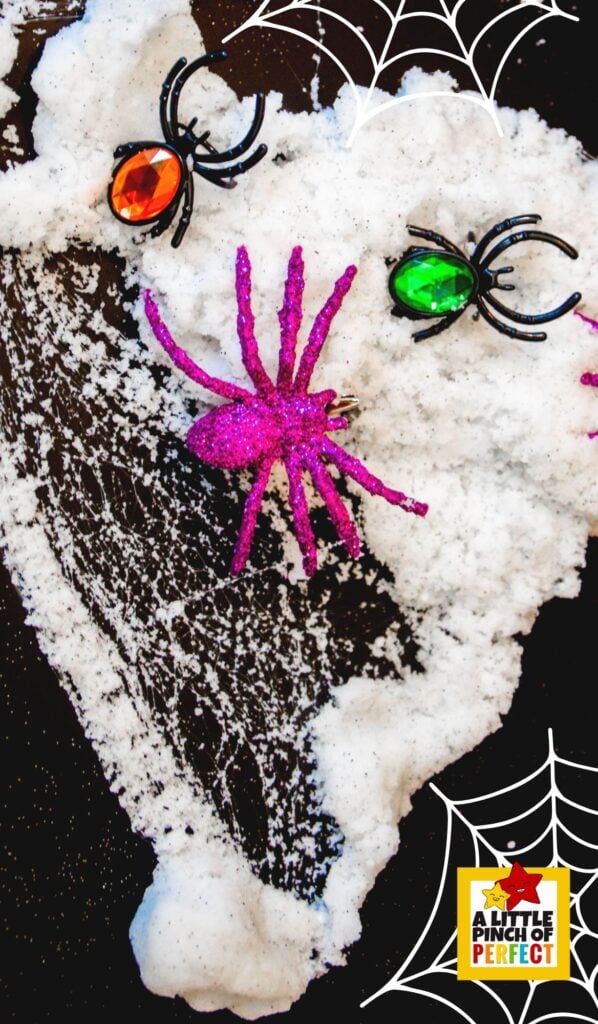 Learn how to make the spookiest spiderweb slime recipe for kids! This easy Halloween slime uses Insta Snow for a stretchy web effect and is extra fun with toy spiders.