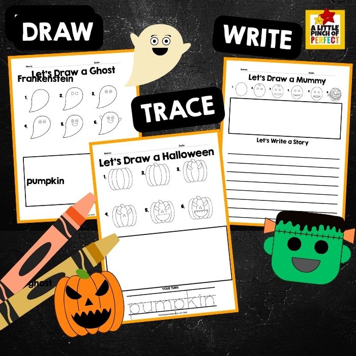 Get 30 pages of Halloween drawing fun for kids! Step-by-step tutorials, draw & trace word pages, and draw & write pages for preschoolers through early elementary. Includes a free sample page!