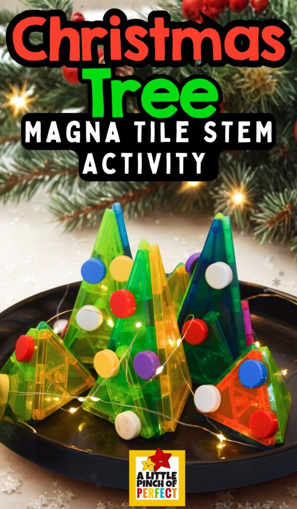 Build a holiday Magna-Tile Christmas Tree with lights and decorations that kids can decorate for a fun STEM activity that encourages creativity, problem-solving, and play!