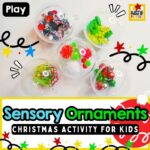 Plastic Christmas ornaments filled with small items so kids can play.